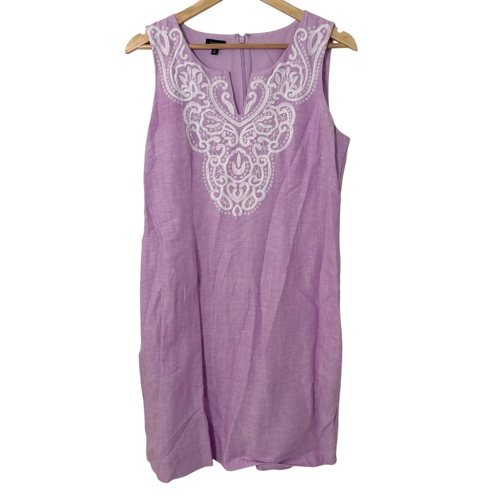 Talbots Linen Cotton Shift Dress Womens 6 Purple Embroidered Sleeveless